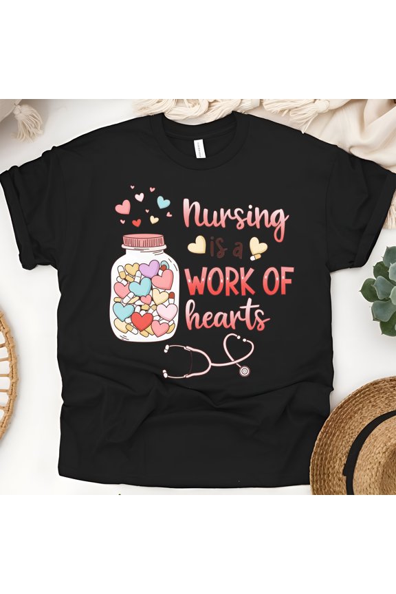 Women’s Nurse Shirt, Colorful Heart Jar Nursing Quote Top, Black, Size S