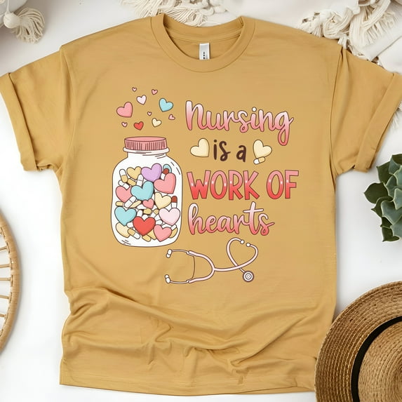 Women’s Nurse Shirt, Colorful Heart Jar Nursing Quote Top, Gold, Size M