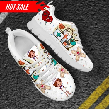 Women's Nurse Sneakers Medical Print Flat Shoes for Female Nurse Girls Cartoon Pattern Footwear Zapatos Enfermera