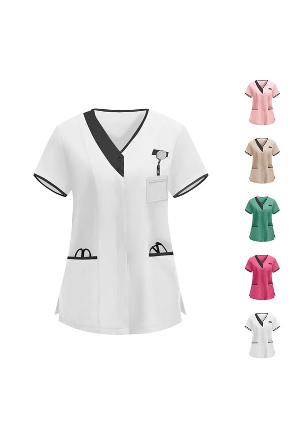 Women's Nurse Tunic Uniform V-Neck Top for Carers Clinic Protective Clothing Professional Medical Scrubs Workwear | CSEONE,White XL