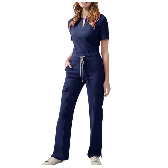Women's Nurse Uniform Set V-Neck Top With Drawstring Pocket Pants And Casual Two-Piece Set Nursing Uniform Set