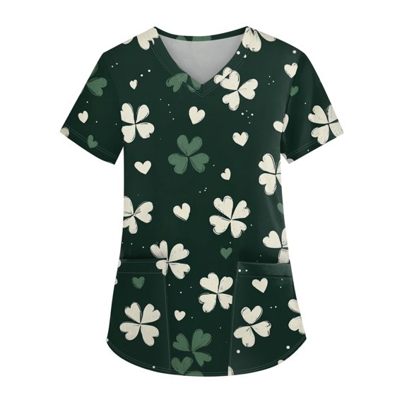 Women's Nurse Uniforms Summer Irish Shamrock Printed V-Neck Breathable Scrub Tops Short Sleeve Professionals Soft Stretch St. Patrick's Day T-Shirts with Pockets (Dark green)