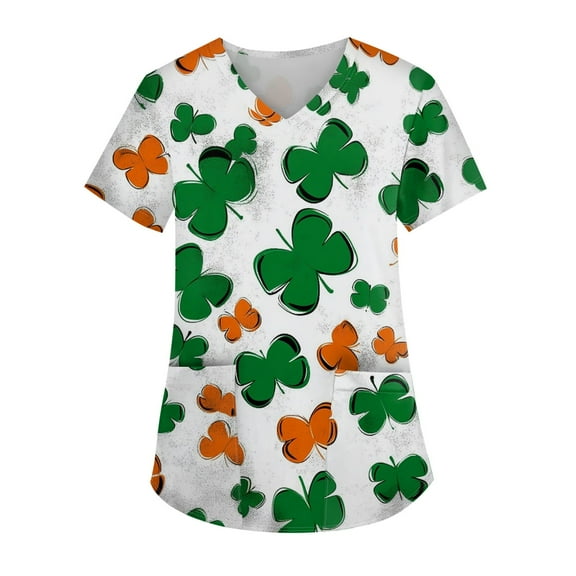 Women's Nurse Uniforms Summer Irish Shamrock Printed V-Neck Breathable T-Shirts Short Sleeve Professionals Soft Stretch St. Patrick's Day Scrub Tops with Pockets ()