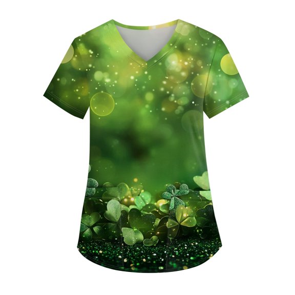 Women's Nurse Uniforms Summer Irish Shamrock Printed V-Neck Breathable T-Shirts Short Sleeve Professionals Soft Stretch St. Patrick's Day Scrub Tops with Pockets (Mint green)
