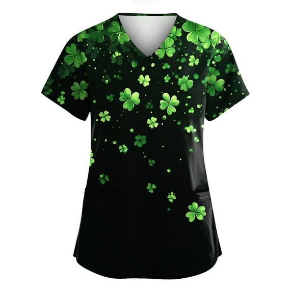 Women's Nurse Uniforms Summer Irish Shamrock Printed V Neck Breathable T-Shirts Short Sleeve Professionals Soft Stretch St. Patrick's Day Workwear Shirt with Pockets green Medium