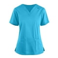 thumbnail image 1 of Women's Nurse Uniforms Summer Solid Color V-Neck Plus Size T-Shirts Short Sleeve Stretchy Workwear Shirt with Pockets (Sky blue), 1 of 4