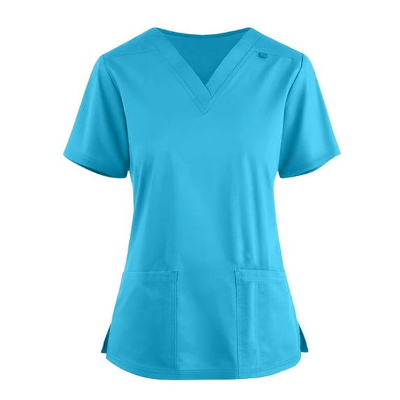 Women's Nurse Uniforms Summer Solid Color V-Neck Plus Size T-Shirts Short Sleeve Stretchy Workwear Shirt with Pockets (Sky blue)