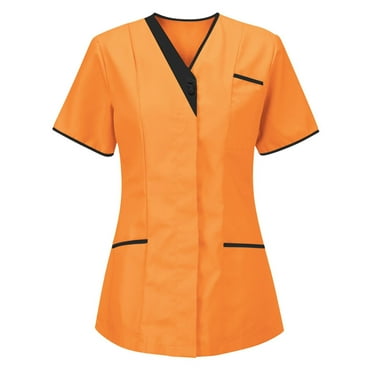 Women's Nurse Uniforms Summer Solid Color V Neck Plus Size Workwear Shirt Short Sleeve Stretchy Scrub Tops with Pockets (Orange)