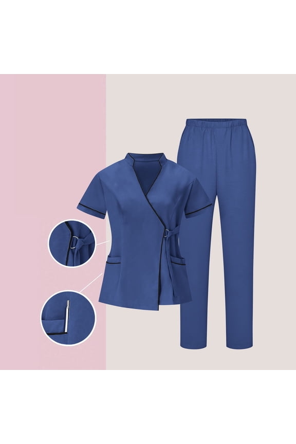 Women's Nurses Sets Classic V-Neck Scrubs Tops & Stretchy Pants Work Uniform Set Dark Blue M