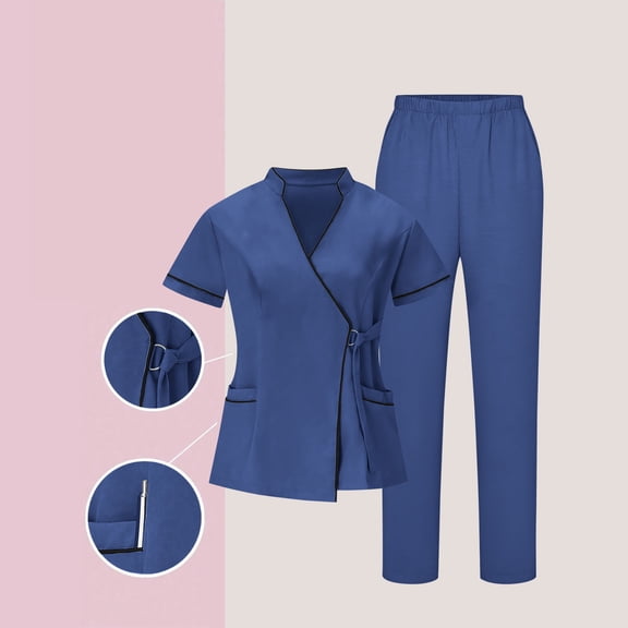 Women's Nurses Sets Classic V-Neck Scrubs Tops & Stretchy Pants Work Uniform Set Dark Blue S