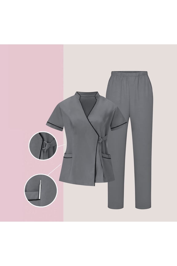 Women's Nurses Sets Classic V-Neck Scrubs Tops & Stretchy Pants Work Uniform Set Dark Gray XL