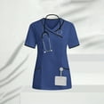 thumbnail image 1 of Women's Nurses Uniform Tunic Tops Short Sleeve V-Neck Scrub Carer T-Shirt with Pockets Dark Blue S, 1 of 9