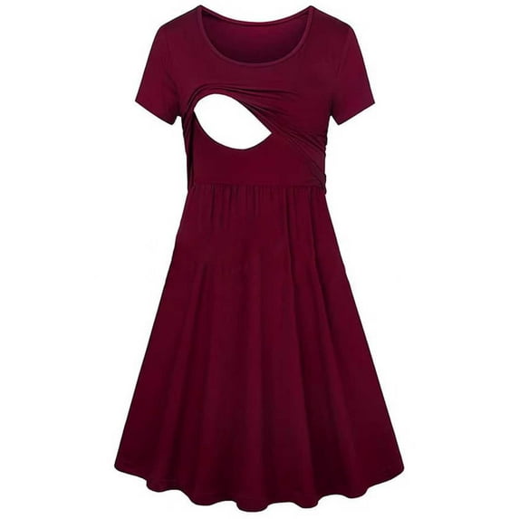 Women's Nursing Dress Summer Short Sleeve Maternity Breastfeeding Knee Length Dress Wine M