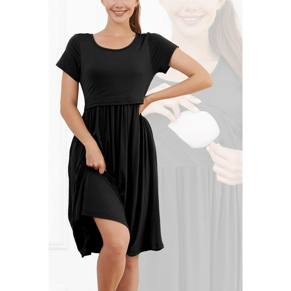 Women's Nursing Dress Summer Short Sleeve Patchwork Pregnancy Clothes with Pockets,Medium