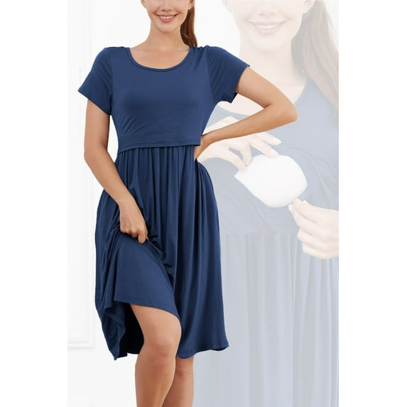 Women's Nursing Dress Summer Short Sleeve Patchwork Pregnancy Clothes with Pockets,Medium