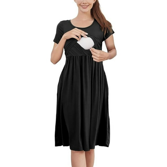 Women's Nursing Dress Summer Short Sleeve Patchwork Pregnancy Clothes with Pockets,Small