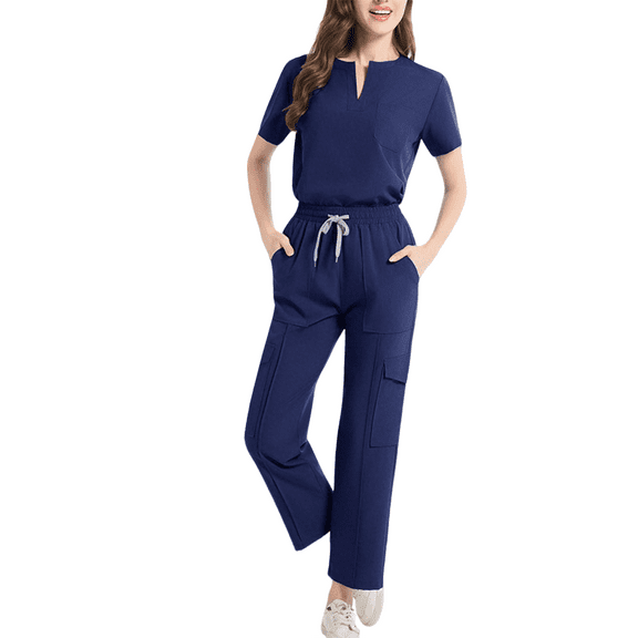 Women’s Nursing Scrub Set Notched V Neck Short Sleeve Top and Wide Leg Cargo Pants with Pockets Stretch Comfortable Workwear Uniform for Medical Professionals