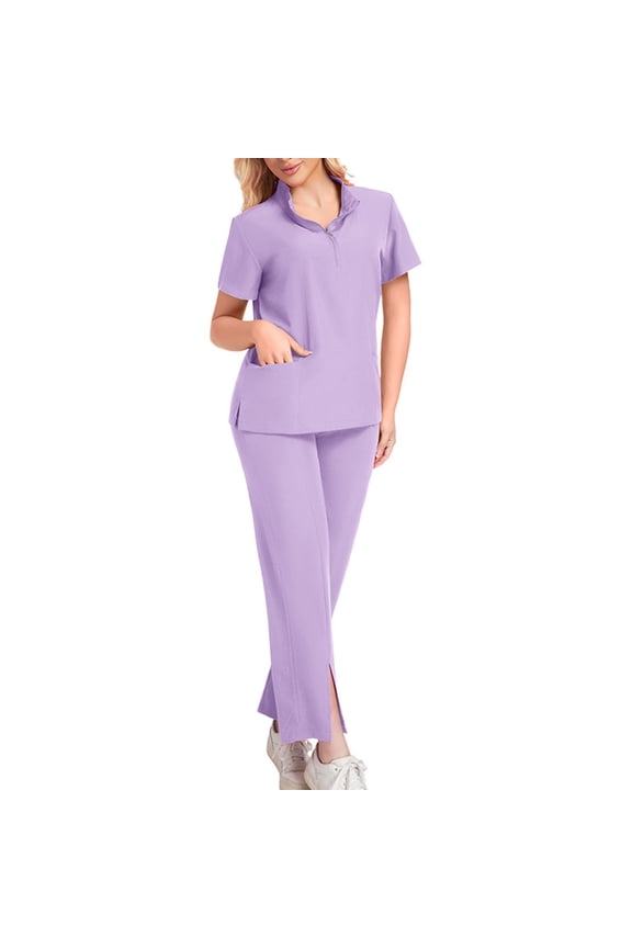 Women’s Nursing Scrub Set Notched V Neck Short Sleeve Top and Wide Leg Cargo Pants with Pockets Stretch Comfortable Workwear Uniform for Medical Professionals
