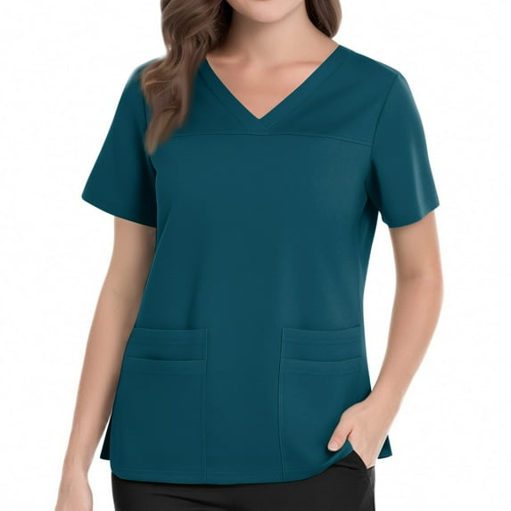 Women's Nursing Scrubs Work T-Shirt Soft Stretchy V-Neck Short Sleeve Uniform Top with Pocket & Side Slit for Medical Professionals Green L