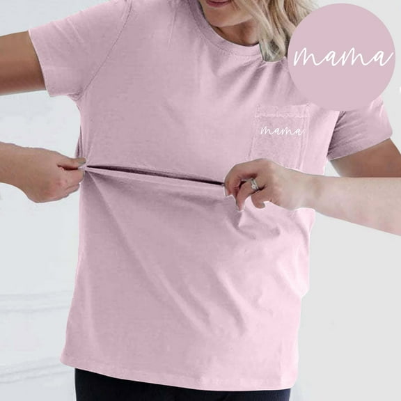 Women's Nursing Shirts with Zipper Pocket - Comfort Breastfeeding Tops, Soft Maternity Tees for Moms, Short Sleeve Crew Neck,Size for M