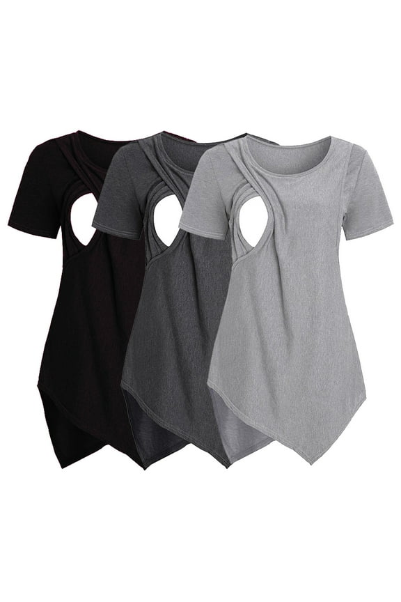 Women's Nursing Tops 3-Pack - Short Sleeve Crew Neck Breastfeeding Shirts, Solid Color Asymmetrical Maternity Tees for Moms,Size for XXL