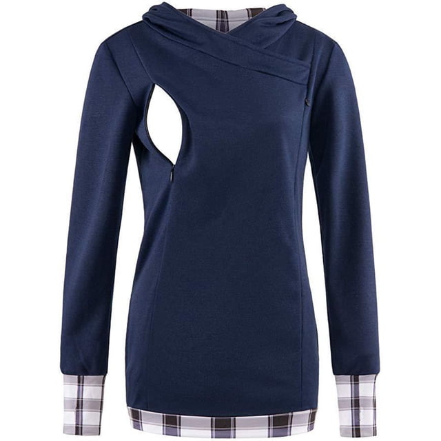 Women's Nursing Tops Long Sleeve Nursing Shirts Double Layer Maternity Clothes Breastfeeding Shirts Navy S