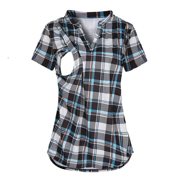 Women's Nursing Tops Short Sleeve Scoop Neck Breastfeeding Shirt Maternity Clothes Blue M