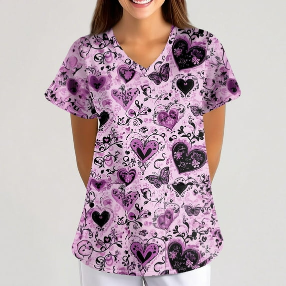 Women's Nursing Uniform Graphic Print Scrub Tops Summer Short Sleeve V Neck Workwear Stretchy Working Scrubs