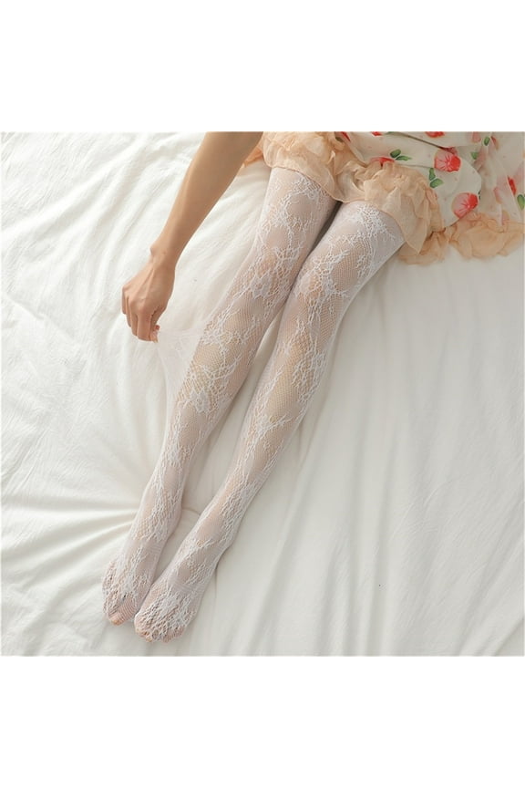 Women's Nylon Control Top Panty Hose Silk Lace Tights White