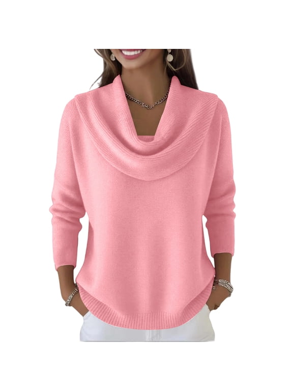 Women's Nylon Cowl Neck Pullover Sweater, Long Sleeve Casual Knit Top for Fall Winter Everyday Wear