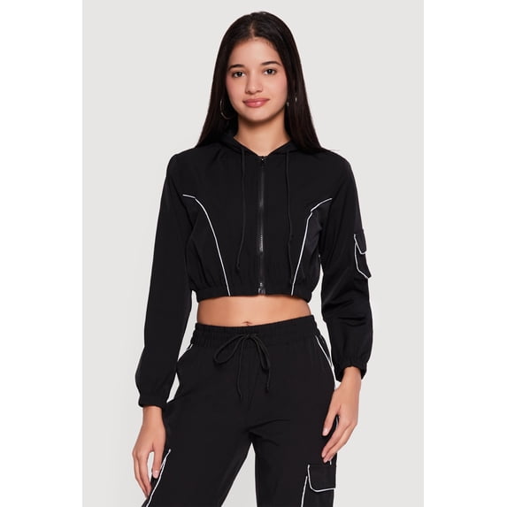 Women's Nylon Cropped Zip Front Hooded Jacket