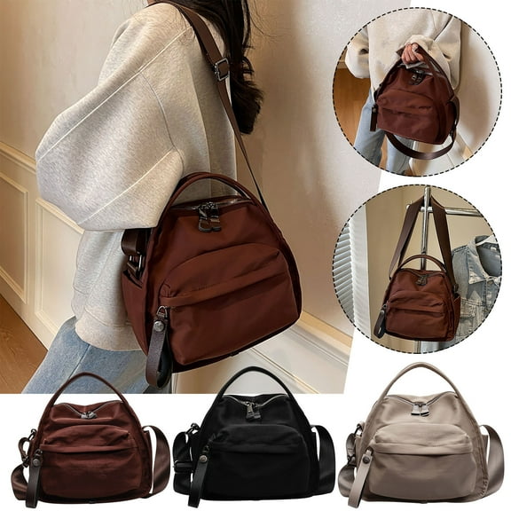 Women's Nylon Crossbody Handbag | Lightweight Purse With Adjustable Strap, Multiple Zippered Pockets | Khaki Black Coffee | Washable Modern Everyday Shoulder Bag 26x13x22cm