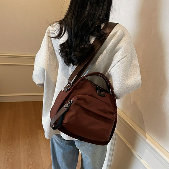 Women's Nylon Crossbody Handbag | Lightweight Purse With Adjustable Strap, Multiple Zippered Pockets | Khaki Black Coffee | Washable Modern Everyday Shoulder Bag 26x13x22cm