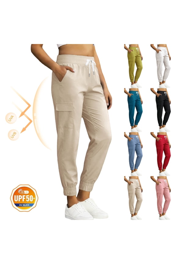 Women's Nylon Lightweight Long Straight Pants with Pockets, Elastic Waist Drawstring Pants, Sun Protection Moisture Wicking, Hiking Jogging Travel Fishing Outdoor Work, Womens