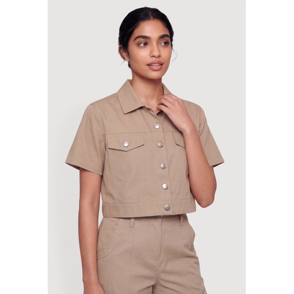 Women's Nylon Short Sleeve Cropped Button Front Shirt