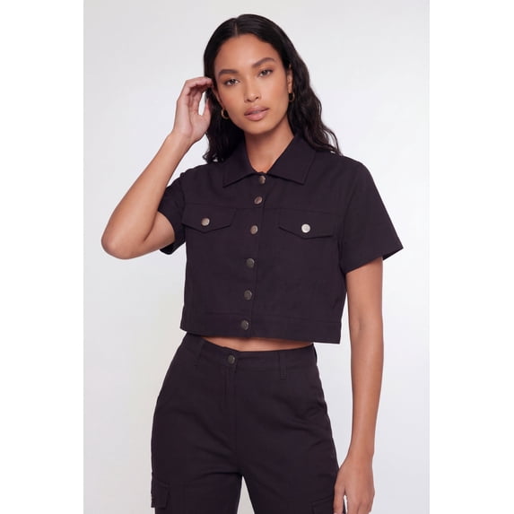 Women's Nylon Short Sleeve Cropped Button Front Shirt