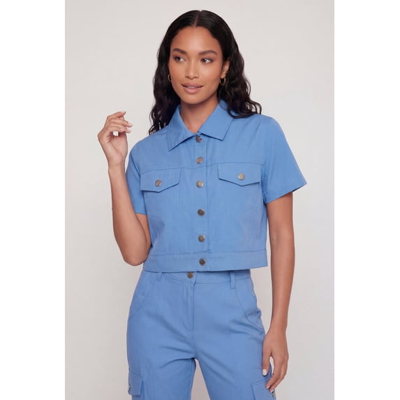 Women's Nylon Short Sleeve Cropped Button Front Shirt