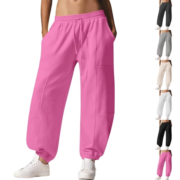 Women's Nylon Spandex Jogging Pants with Pockets, Mid Waisted Slim Fit Bottom, Loose Elastic Waist, Tummy Control, Active Running Leggings, Workout Training Pants, | TruBelle,Hot Pink XL