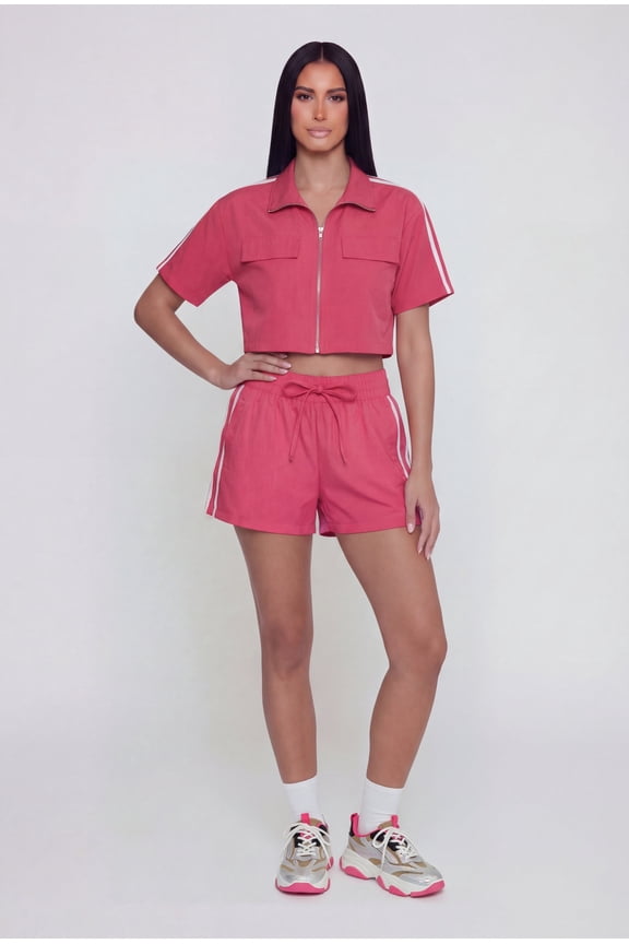 Women's Nylon Varsity Stripe Drawstring Waist Shorts