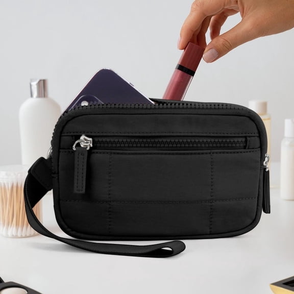 Women's Nylon Wristlet Wallet with Quilted Design and 3 Zipper Compartments, Travel Card Holder with Strap for Everyday Use