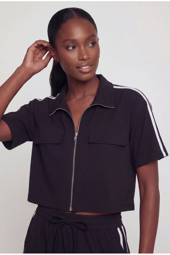 Women's Nylon Zip Font Collar Crop Top