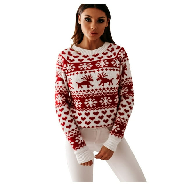 Women's O Neck Elk Snowflake Christmas Xmas Pullover Sweater knit Tops ...