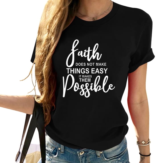 Women's O Neck Faith Letter Print T-Shirts Short Sleeve Graphic Tees Tops