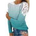 thumbnail image 1 of Women's O-Neck Lace Patchwork Tops Plus Size Long Sleeve Pullover Classic-Fit Hollow Out Gradient T-Shirts, 1 of 5