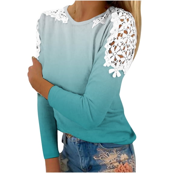 Women's O-Neck Lace Patchwork Tops Plus Size Long Sleeve Pullover Classic-Fit Hollow Out Gradient T-Shirts
