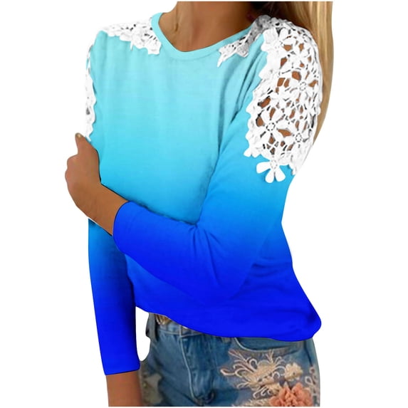 Women's O-Neck Lace Patchwork Tops Plus Size Long Sleeve Pullover Classic-Fit Hollow Out Gradient T-Shirts