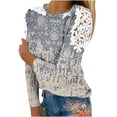 thumbnail image 1 of Women's O-Neck Lace Patchwork Tops Plus Size Long Sleeve Pullover Classic-Fit Hollow Out Gradient T-Shirts, 1 of 5