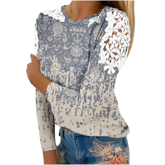 Women's O-Neck Lace Patchwork Tops Plus Size Long Sleeve Pullover Classic-Fit Hollow Out Gradient T-Shirts