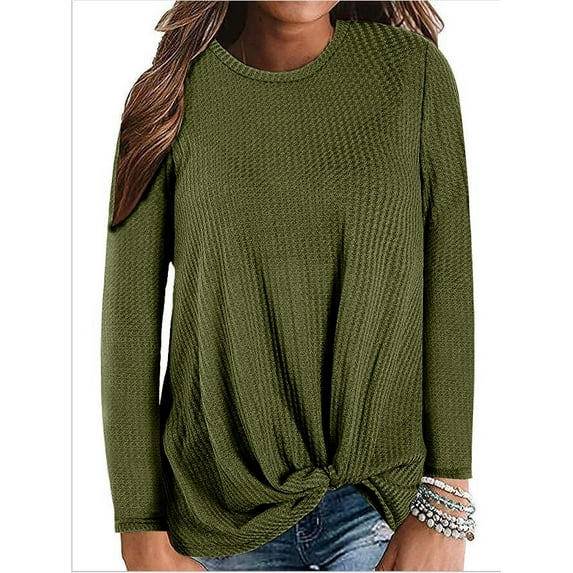 Women's O-Neck Long Sleeve Tops Knot Waffle Knit Tunic Shirts