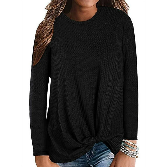 Women's O-Neck Long Sleeve Tops Knot Waffle Knit Tunic Shirts